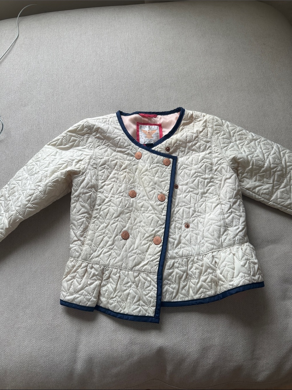 Tommy Hilfiger Cream Quilted Pea Coat with Navy Trim